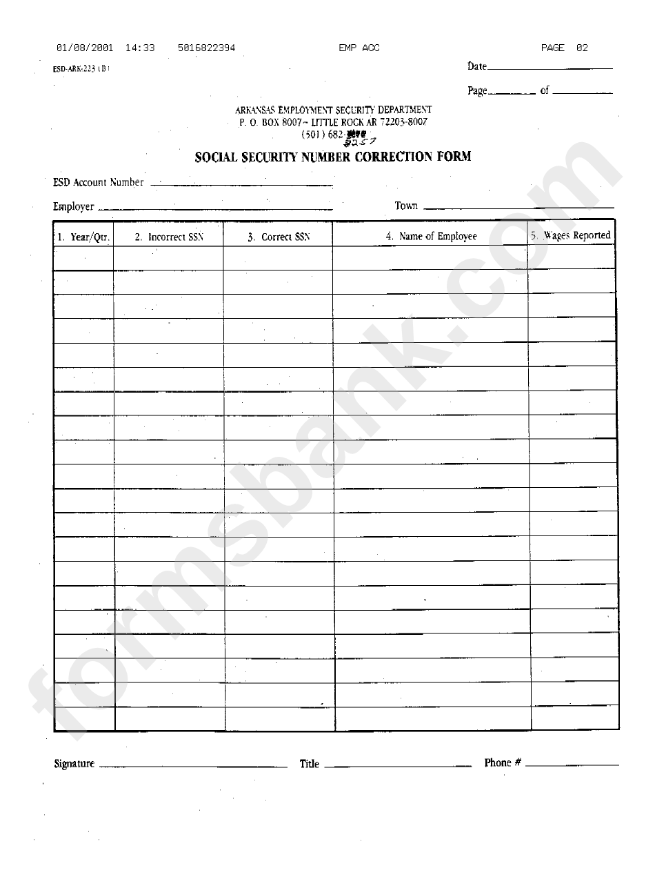 Form Esd-Ark 223 (B) - Social Security Number Correction January 2001