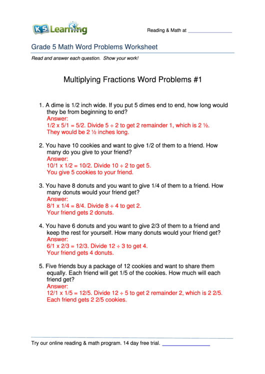 Grade 5 Math Word Problems Worksheet Printable pdf
