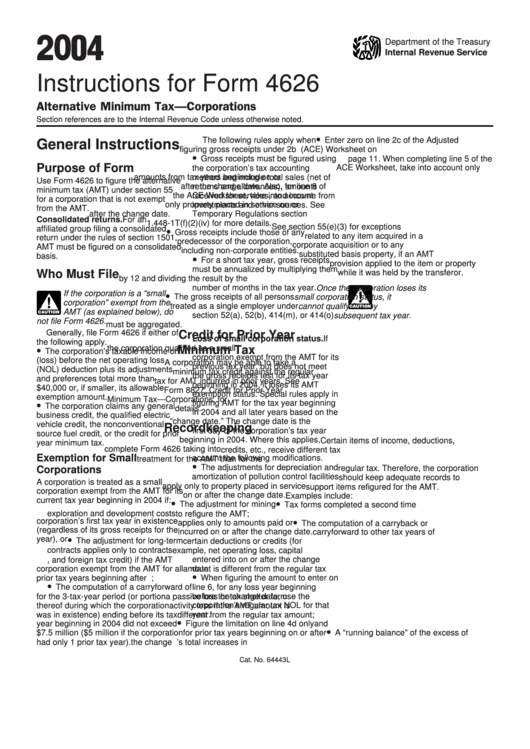 Instructions For Alternative Minimum Tax - Corporations Form 4626 - 2004 Printable pdf