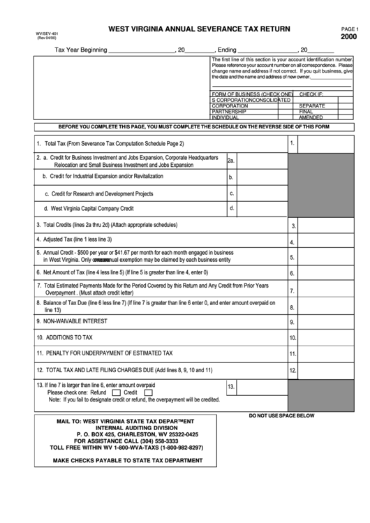 Form Wv/sev-401 - West Virginia Annual Severance Tax Return - 2000 Printable pdf