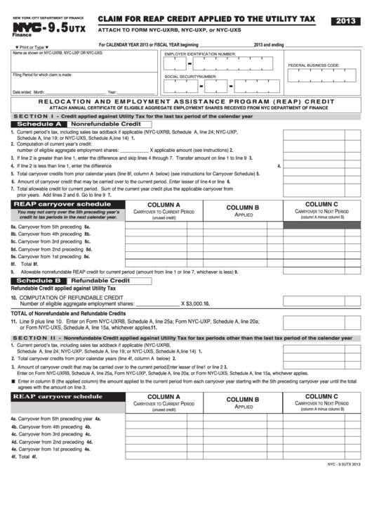Form Nyc-9.5utx - Claim For Reap Credit Applied To The Utility Tax - 2013 Printable pdf
