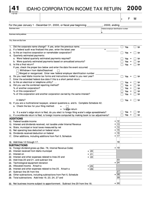 Form 41 - Idaho Corporation Income Tax Return - 2000 Printable pdf