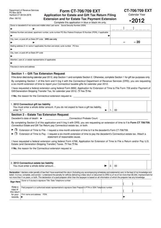 Form Ct-706/709 Ext - Application For Estate And Gift Tax Return Filing Extension And For Estate Tax Payment Extension - 2012 Printable pdf