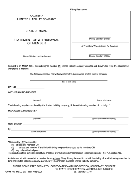 Fillable Form Mllc-9a - Statement Of Withdrawal Of Member - Maine Secretary Of State Printable pdf