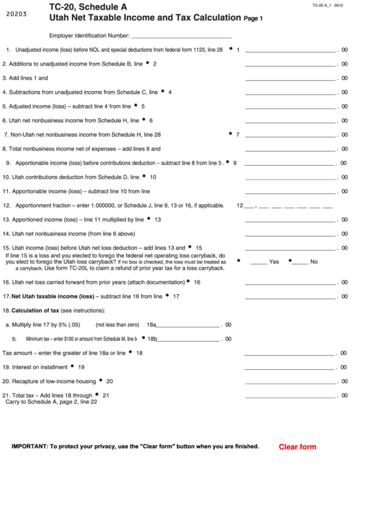 Fillable Form Tc-20 - Schedule A - Utah Net Taxable Income And Tax Calculation Printable pdf