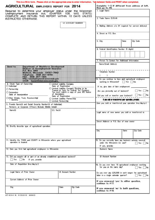 Fillable Agricultural Employer'S Report For 2014 printable pdf download