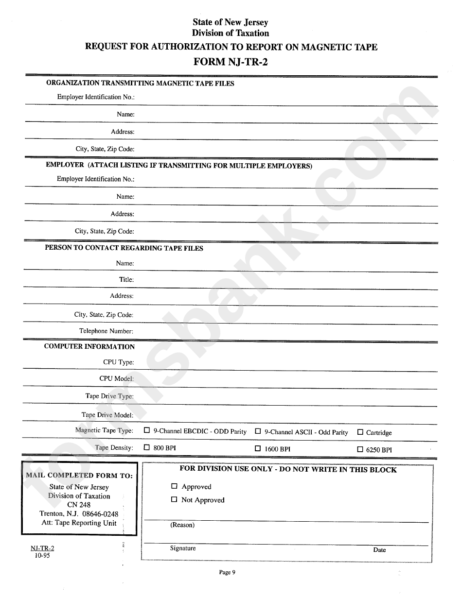 Form Nj-Tr-2 - Request For Authorization To Report On Magnetic Tape - State Of New Jersey Division Of Taxation