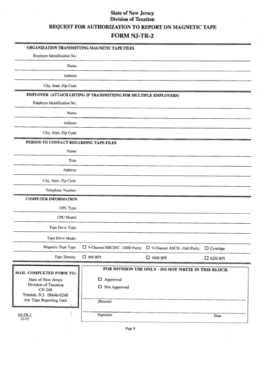 Form Nj-Tr-2 - Request For Authorization To Report On Magnetic Tape - State Of New Jersey Division Of Taxation Printable pdf