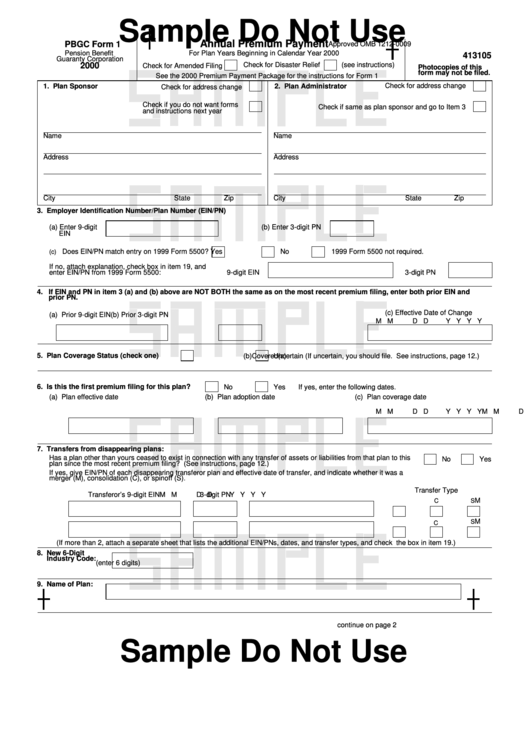 Pbgc Form 1 - Annual Premium Payment - 2000 printable pdf download