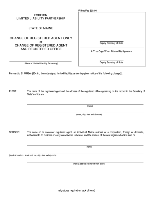 Fillable Form Mllp-12c - Change Of Registered Agent Only Or Change Of Registered Agent And Registered Office - Maine Secretary Of State Printable pdf