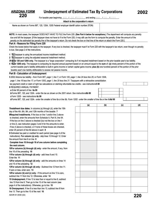 Arizona Form 220 - Underpayment Of Estimated Tax By Corporations - 2002 Printable pdf