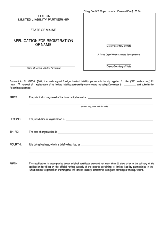 Fillable Form Mllp-2 - Application For Registration Of Name - Maine Secretary Of State Printable pdf