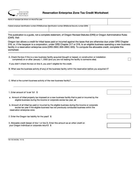 Fillable Form 150-102-046 - Reservation Enterprise Zone Tax Credit Worksheet - 2013 Printable pdf