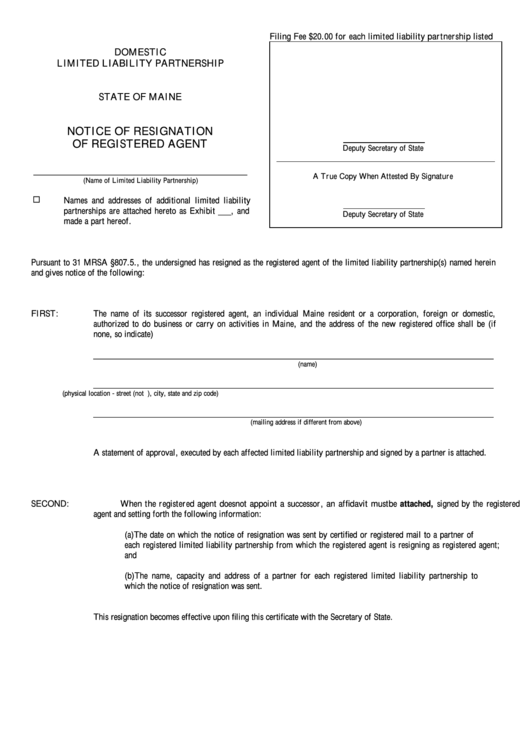 Fillable Form Mllp-3a - Notice Of Resignation Of Registered Agent - Maine Secretary Of State Printable pdf