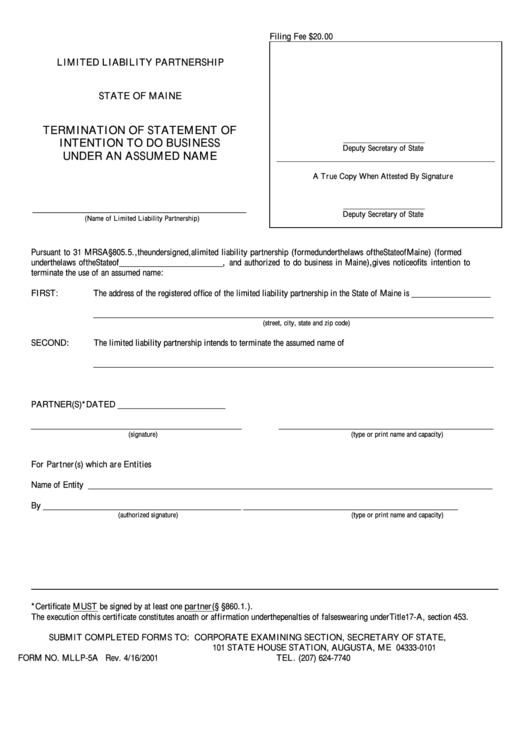 Fillable Form Mllp-5a - Termination Of Statement Of Intention To Do Business Under An Assumed Name - Maine Secretary Of State Printable pdf