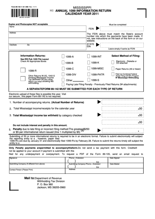 Form 89-142-11-8-1-000 - Annual 1099 Information Return Calendar Year 2011 - Mississippi Department Of Revenue Printable pdf