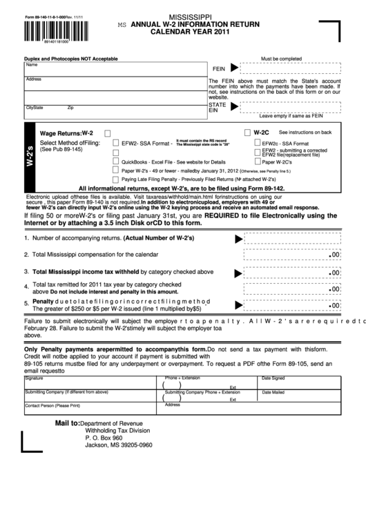 Form 89-140-11-8-1-000 - Annual W-2 Information Return Calendar Year 2011 - Mississippi Department Of Revenue Printable pdf