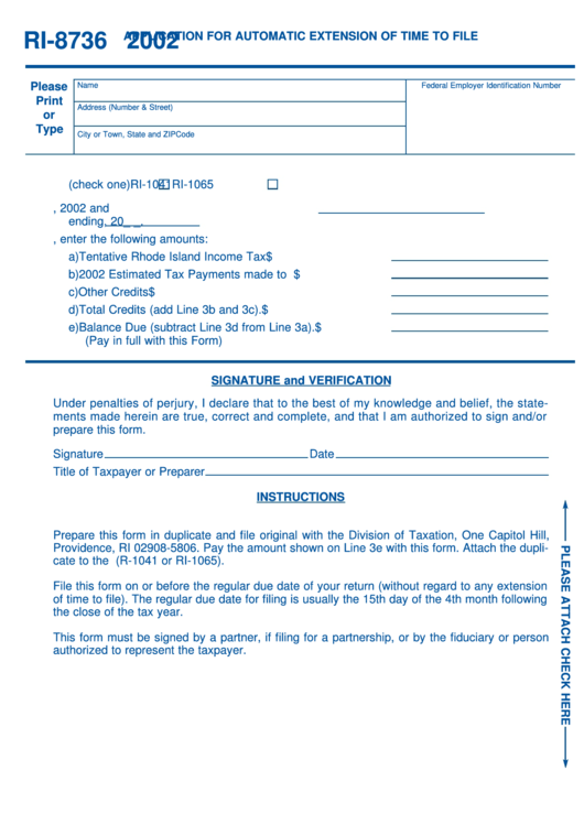 Form Ri-8736 - Application For Automatic Extension Of Time To File R.i. Partnership Or R.i. Fiduciary Income Tax Return - 2002 Printable pdf