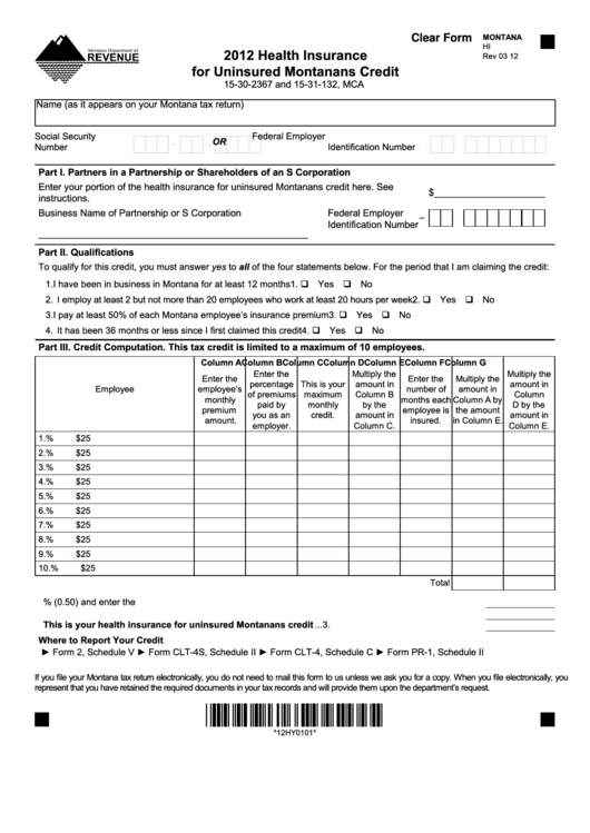 Fillable Montana Form Hi - Health Insurance For Uninsured Montanans Credit - 2012 Printable pdf