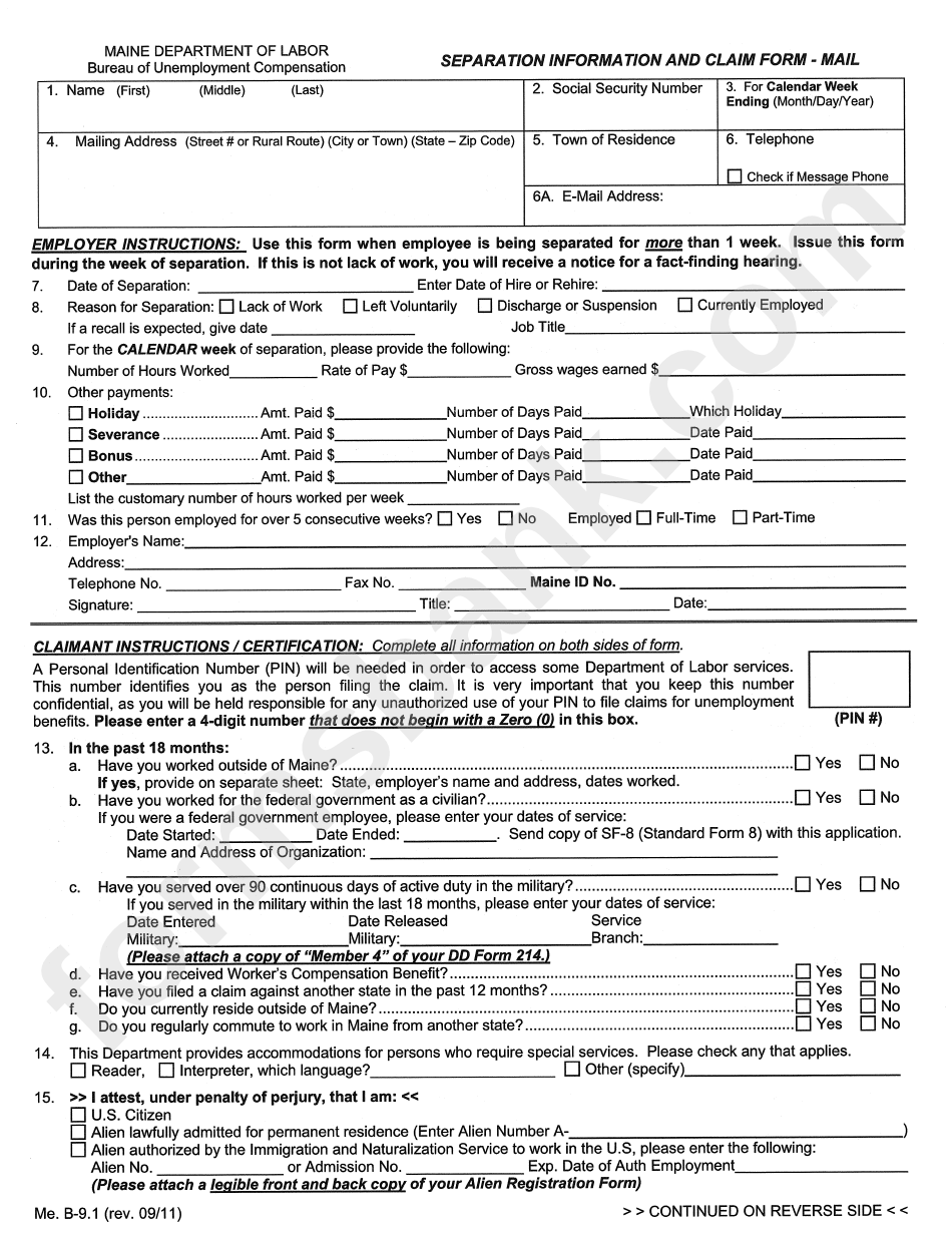 Form Me. B-9.1 - Separation Information And Claim Form - Mail printable ...