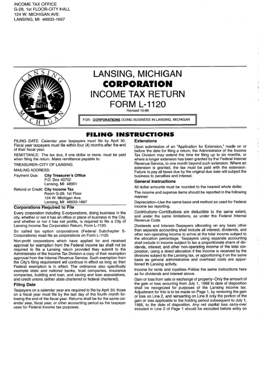 Form L-1120 - Lansing, Michigan Corporation Income Tax Return Printable pdf