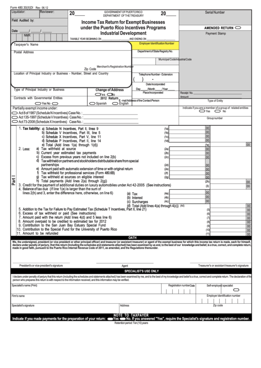 Form 480.30(Ii)di - Income Tax Return For Exempt Businesses Under The Puerto Rico Incentives Programs Industrial Development Printable pdf
