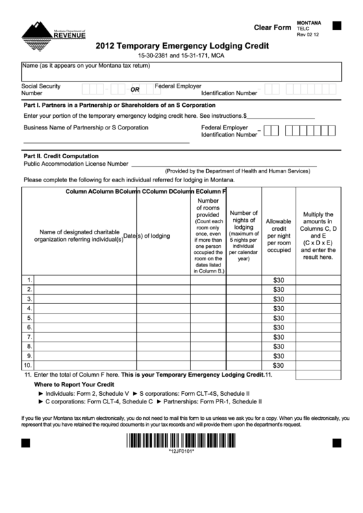 Fillable Montana Form Telc - Temporary Emergency Lodging Credit - 2012 Printable pdf