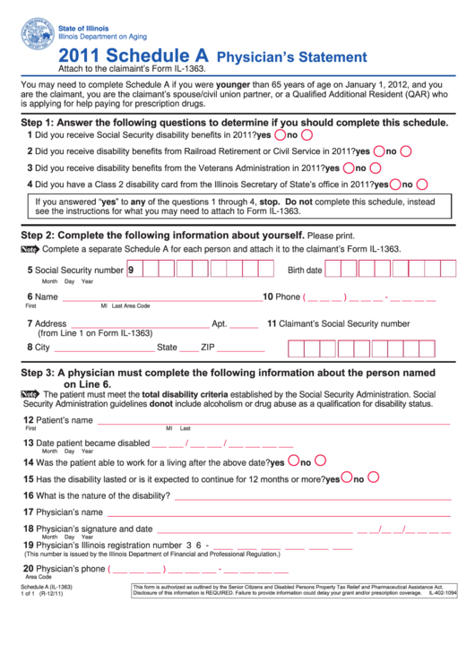 Form Il-1363 - Schedule A - Physician's Statement - 2011