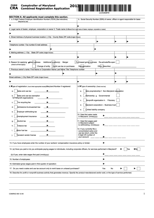 Fillable Form Cra - Combined Registration Application - 2013 Printable pdf