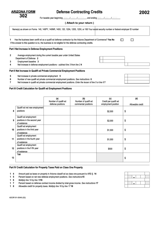 Arizona Form 302 - Defense Contracting Credits - 2002 Printable pdf