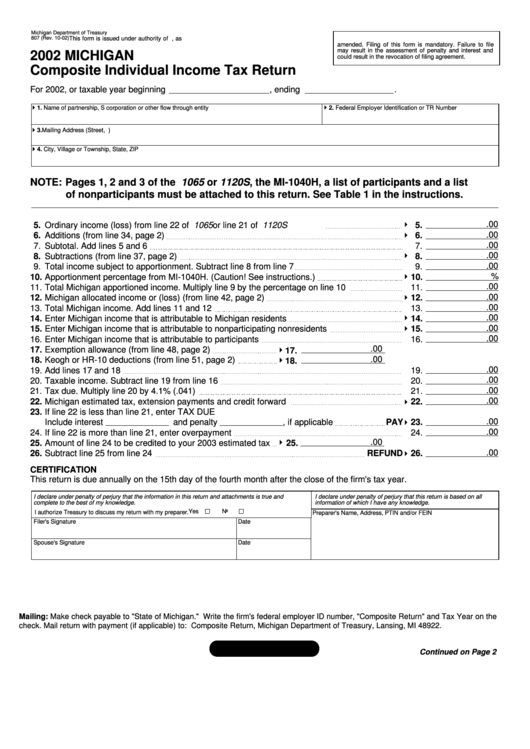 Form 807 - Michigan Composite Individual Income Tax Return - 2002 Printable pdf