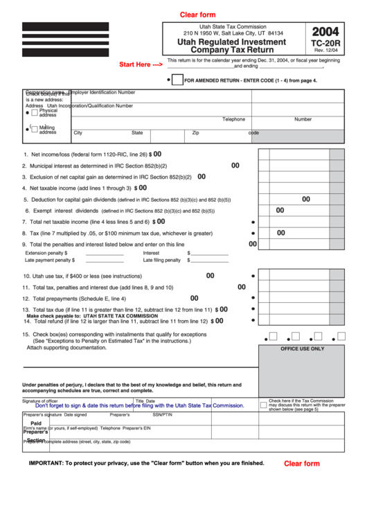 Fillable Form Tc-20r - Utah Regulated Investment Company Tax Return - 2004 Printable pdf