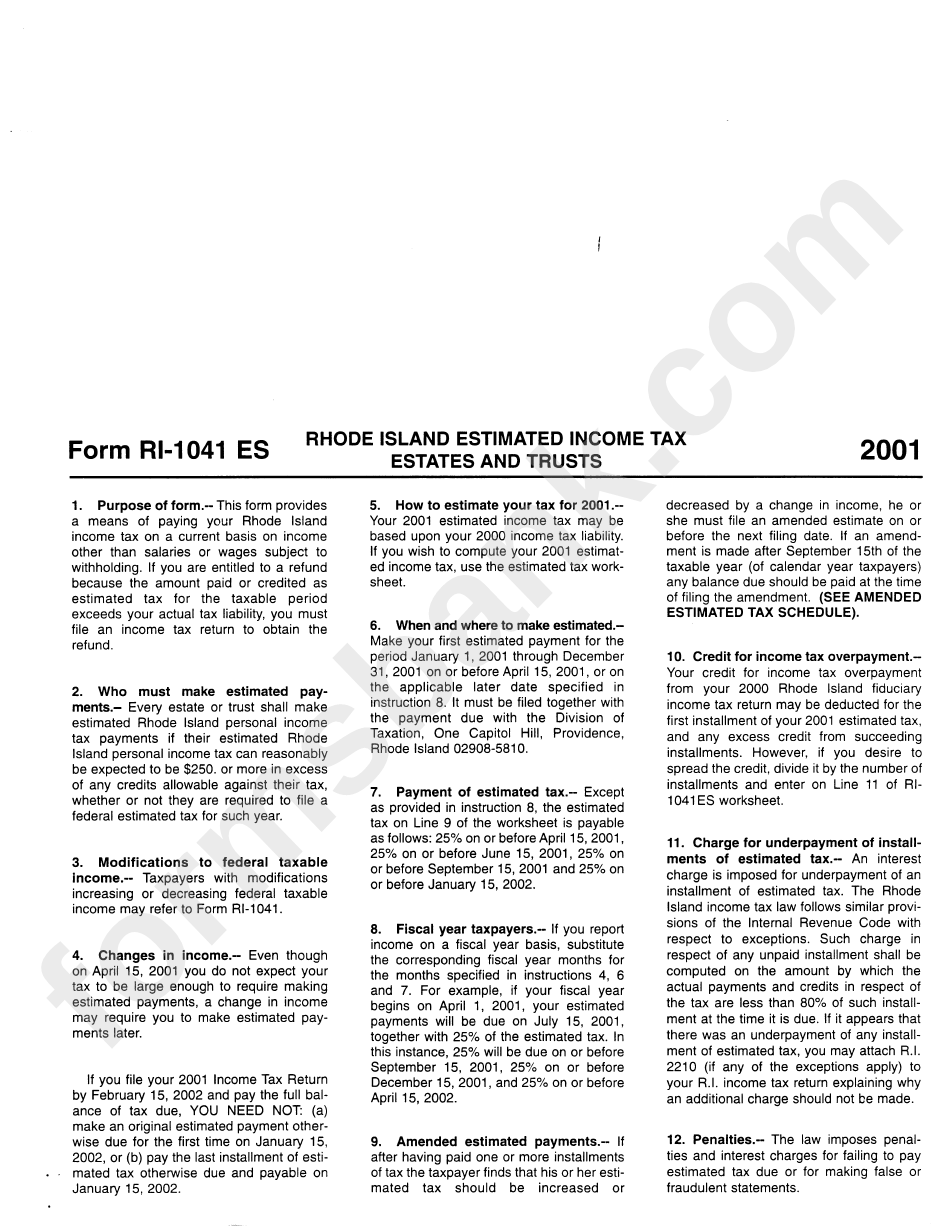 Instructions For Form Ri-1041 - Rhode Island Estimated Income Tax Estated And Trusts - 2001
