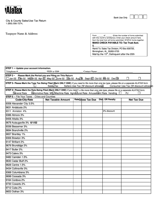 Alatax City And County Sales/use Tax Return Form Printable pdf