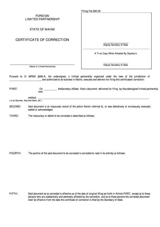 Fillable Form Mlpa-17a - Certificate Of Correction - Maine Secretary Of State Printable pdf