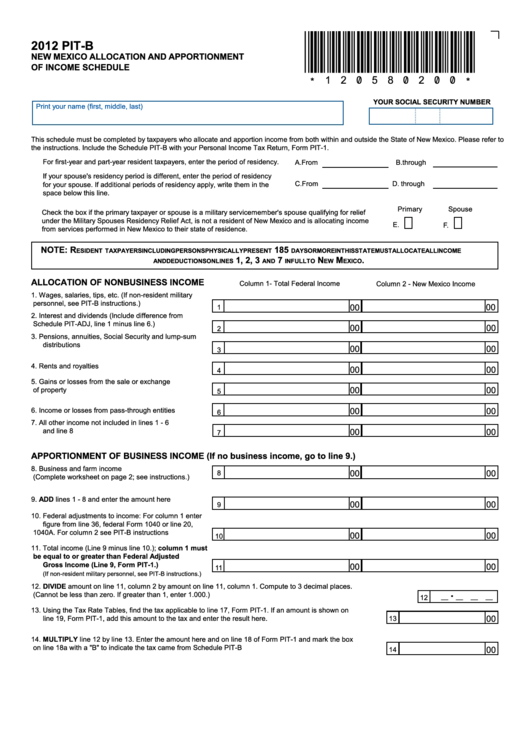 Form Pit-B - New Mexico Allocation And Apportionment Of Income Schedule - 2012 Printable pdf