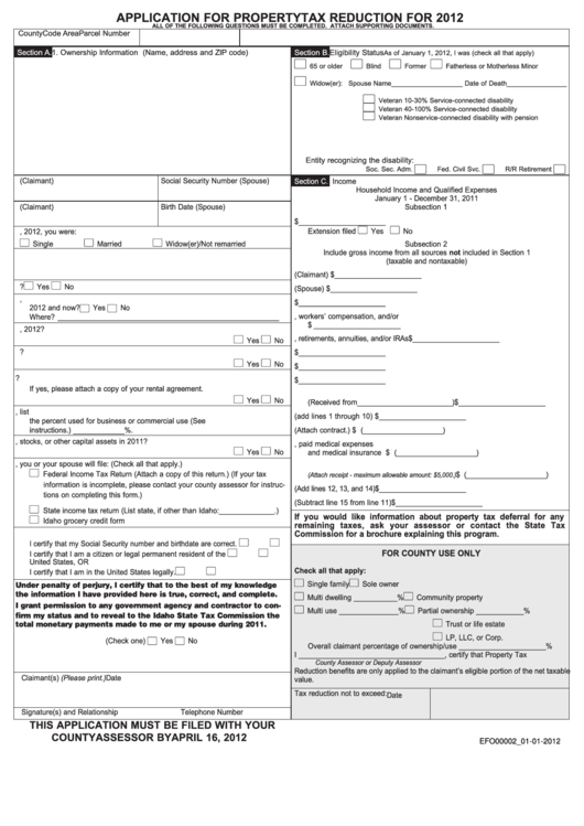 Application For Property Tax Reduction - Idaho County Assessor - 2012 Printable pdf