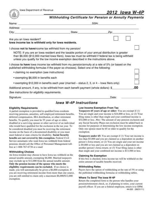 Fillable Iowa Form W-4p - Withholding Certificate For Pension Or Annuity Payments - 2012 Printable pdf