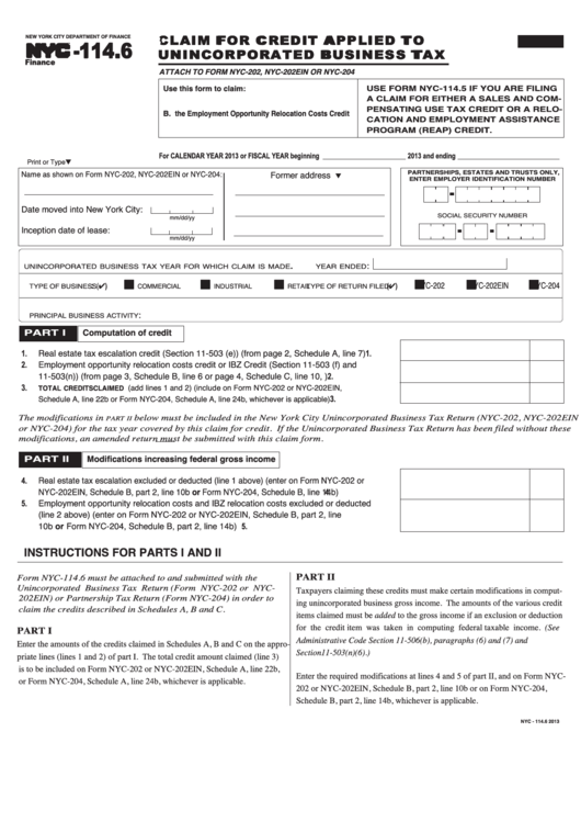 Form Nyc-114.6 - Claim For Credit Applied To Unincorporated Business Tax - 2013 Printable pdf