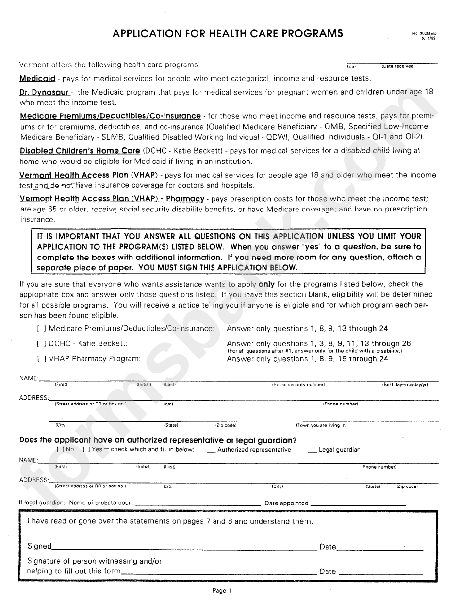Form Hc 202med Application For Health Care Programs printable pdf