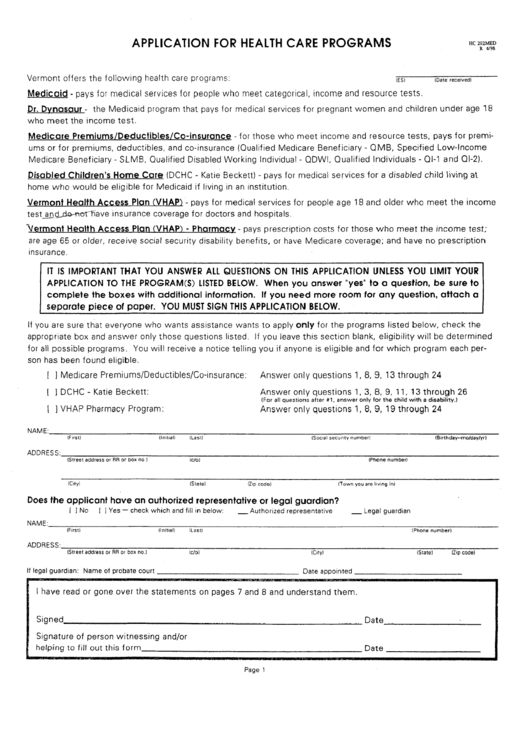 Form Hc 202med - Application For Health Care Programs Printable pdf