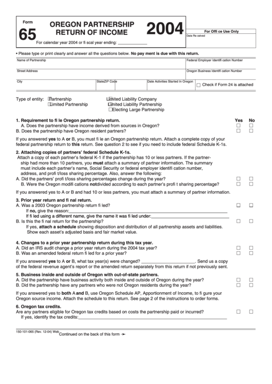 Fillable Form 65 - Oregon Partnership Return Of Income - 2004 Printable pdf