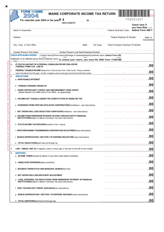 Form 1120me - Maine Corporate Income Tax Return - 2004 Printable pdf