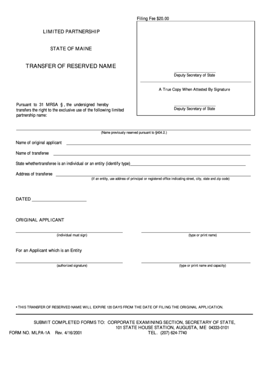 Fillable Form Mlpa-1a - Transfer Of Reserved Name - Maine Secretary Of State Printable pdf
