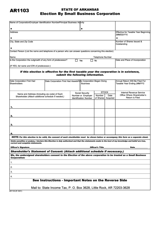 Form Ar1103 - Election By Small Business Corporation - 2001 Printable pdf