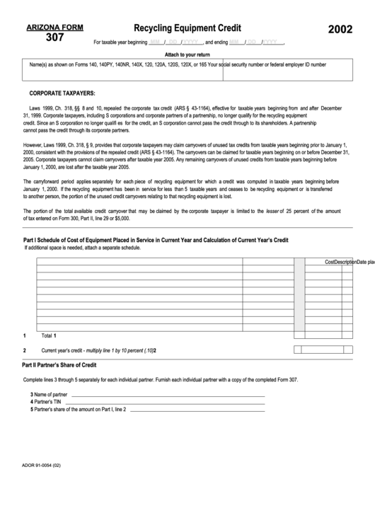 Arizona Form 307 - Recycling Equipment Credit - 2002 Printable pdf