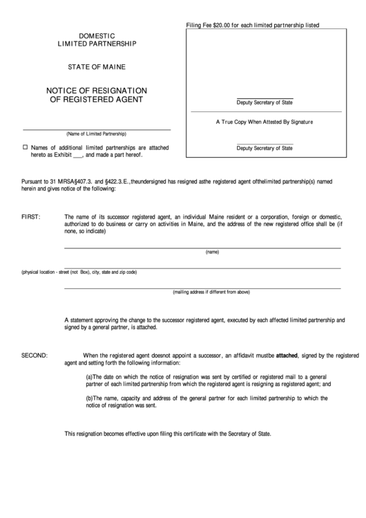 Fillable Form Mlpa-3a - Notice Of Resignation Of Registered Agent - Maine Secretary Of State Printable pdf