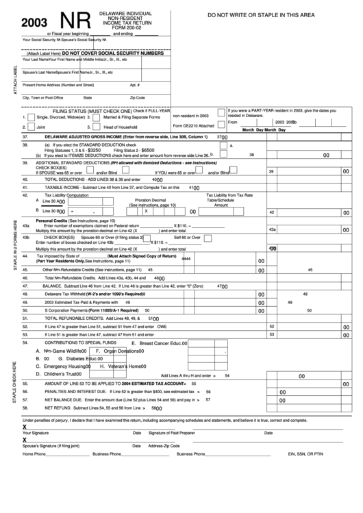 Form Nr - Delaware Individual Non-Resident Income Tax Return - 2003 Printable pdf