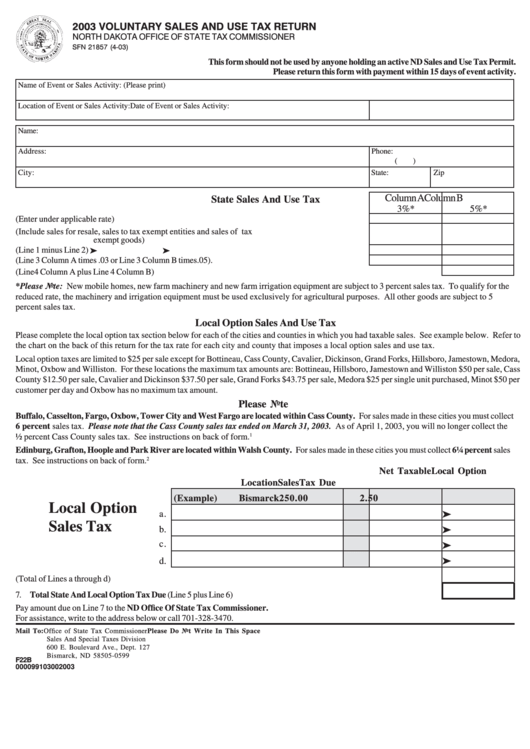 Fillable Form Sfn 21857 - 2003 Voluntary Sales And Use Tax Return Printable pdf