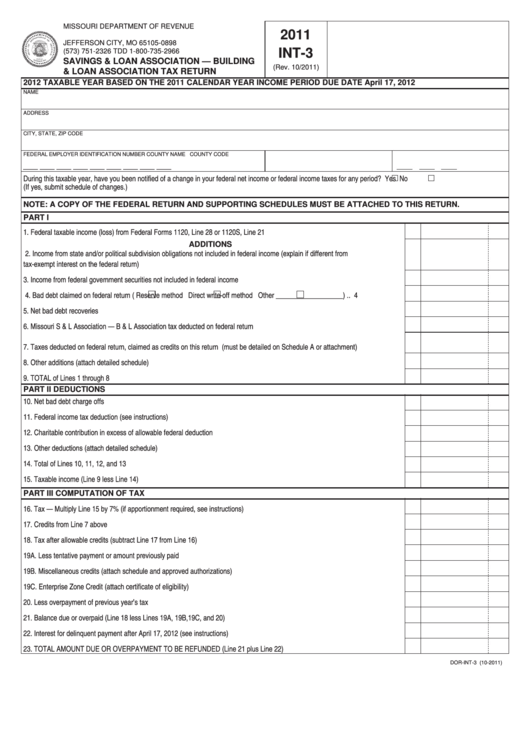 Fillable Form Int-3 - Savings & Loan Association - Building & Loan Association Tax Return - 2011 Printable pdf